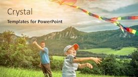  Presentation with launch - PPT layouts consisting of happy father and son launch a kite to blue sky on the field in summer sunny day background and a lemonade colored foreground