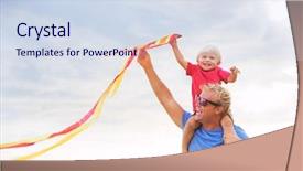  Presentation with kite - PPT theme featuring happy father and son playing with kite at the beach at sunset background and a sky blue colored foreground