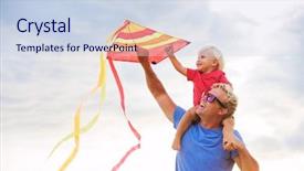  Presentation with kite - Slide deck consisting of happy father and son playing with kite at the beach at sunset background and a sky blue colored foreground