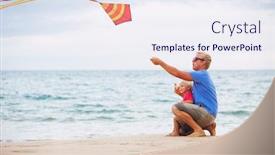  Presentation with kite - PPT layouts with happy father and son playing with kite at the beach at sunset background and a sky blue colored foreground