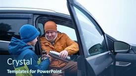  Presentation with road trip - Presentation design consisting of happy-father-and-son-sitting background and a ocean colored foreground