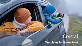  Presentation with road trip - Theme having happy-father-and-son-sitting background and a ocean colored foreground