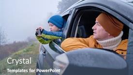  Presentation with road trip - Presentation with happy-father-and-son-sitting background and a ocean colored foreground