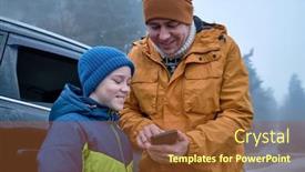 Presentation with road trip - PPT layouts consisting of happy-father-and-son-standing background and a tawny brown colored foreground
