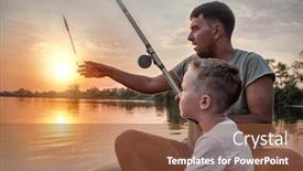  Presentation with fishing boat - PPT layouts enhanced with happy father and son together fishing from a boat at sunset time in summer day under beautiful sky on the lake background and a tawny brown colored foreground