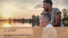  Presentation with fishing boat - Audience pleasing slide set consisting of happy father and son together fishing from a boat at sunset time in summer day under beautiful sky on the lake backdrop and a coral colored foreground