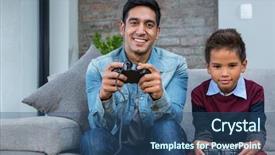  Presentation with video games playing - Presentation theme featuring happy father playing video games background and a ocean colored foreground