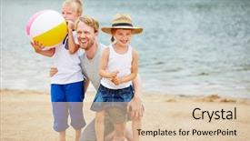  Presentation with siblings - Colorful PPT theme enhanced with happy father playing with two siblings on beach of a lake in summer backdrop and a lemonade colored foreground