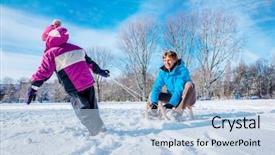 Presentation with kid happy birthday - PPT theme enhanced with happy father sitting on the sledges with a kid pulling them background and a light blue colored foreground