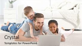  Presentation with multicultural - Slides featuring happy father with interracial children background and a soft green colored foreground