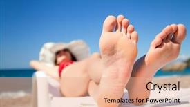  Presentation with relaxing - Colorful PPT theme enhanced with happy feet - young woman relaxing in chaise backdrop and a coral colored foreground