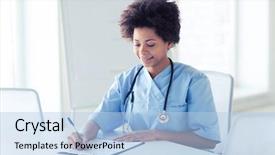 Presentation with medical clipboard - PPT theme featuring happy female african american doctor background and a light blue colored foreground