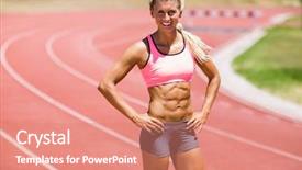  Presentation with hip - PPT theme enhanced with happy female athlete standing with hand on hip on running track background and a coral colored foreground