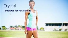  Presentation with hip - Slides having happy female athlete standing with hand on hip on running track background and a sky blue colored foreground