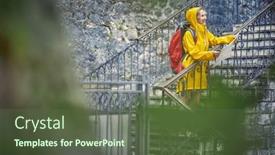  Presentation with rainy day - Presentation with happy-female-backpacker-exploring background and a tawny brown colored foreground