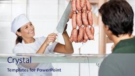  Presentation with butcher - Amazing PPT theme having happy female butcher selling sausages to male customer at butchery backdrop and a sky blue colored foreground