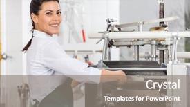  Presentation with food processing - PPT layouts having happy female chef processing background and a gray colored foreground