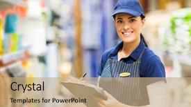  Presentation with supermarket - Presentation design consisting of happy female clerk working in supermarket background and a coral colored foreground