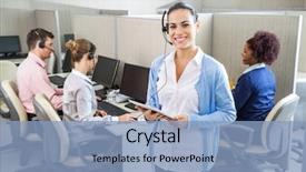  Presentation with customer service excellence - PPT layouts having happy female customer service background and a light blue colored foreground