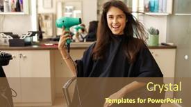  Presentation with female - PPT theme featuring happy-female-customer-using-hairdryer background and a tawny brown colored foreground