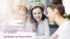  Presentation with article - Amazing slide deck having happy female designers with tablet looking through online article about new trends in fashion backdrop and a lemonade colored foreground