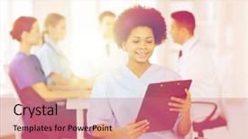  Presentation with clinic - PPT layouts with happy female doctor or nurse background and a coral colored foreground