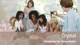  Presentation with friends - Slide deck consisting of happy female friends celebrating party background and a coral colored foreground