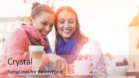  Presentation with cell - Audience pleasing slide set consisting of happy female friends using cell backdrop and a  colored foreground