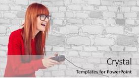  Presentation with hipster girl playing tetris game - Presentation theme consisting of happy female hipster playing video background and a  colored foreground