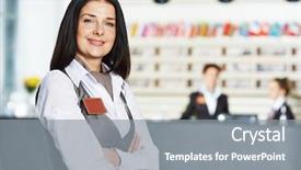  Presentation with hotel - Beautiful presentation theme featuring happy female manager worker standing backdrop and a gray colored foreground