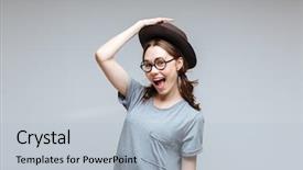  Presentation with glasses - Slide set consisting of happy female nerd in glasses which holding for her hat and looking at camera isolated gray background background and a light blue colored foreground