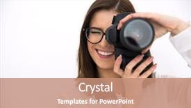  Presentation with female feticide - Audience pleasing PPT theme consisting of happy female photographer with camera backdrop and a coral colored foreground