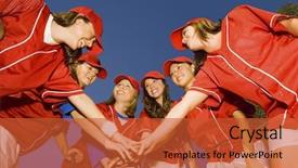  Presentation with softball - Slide set consisting of happy female softball players stacking background and a red colored foreground