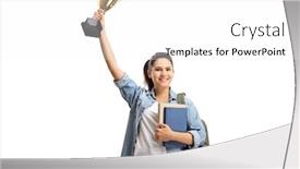  Presentation with gold trophy - PPT theme enhanced with happy female student holding a gold trophy isolated on white background background and a white colored foreground