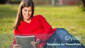  Presentation with college campus - Theme having happy-female-student-reading-book background and a  colored foreground