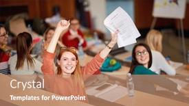  Presentation with well - Amazing slide deck having happy-female-student-showing backdrop and a coral colored foreground