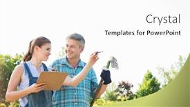  Presentation with nursery plant - Colorful presentation theme enhanced with happy female supervisor explaining something to gardener at plant nursery backdrop and a white colored foreground