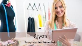  Presentation with computer workshop - Slide deck having textile industry - happy female tailor holding tablet background and a coral colored foreground