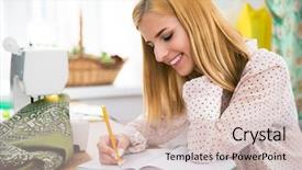  Presentation with writing notes - Colorful slide deck enhanced with happy female tailor writing notes in her notebook backdrop and a soft green colored foreground