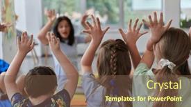  Presentation with teacher - Slide deck enhanced with happy-female-teacher-sitting background and a tawny brown colored foreground