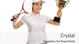  Presentation with gold trophy - Slide set with happy female tennis player holding a gold trophy and a racket isolated on white background background and a white colored foreground