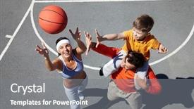  Presentation with happy image - Slide deck featuring happy female throwing ball background and a gray colored foreground