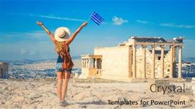  Presentation with greek - Presentation theme enhanced with happy-female-tourist-holding-greek and a lemonade colored foreground