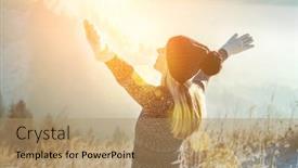  Presentation with blue mountain - Beautiful theme featuring happy-female-traveler-resting backdrop and a coral colored foreground