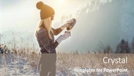  Presentation with hot tea - Cool new slides with happy-female-traveler-resting backdrop and a gray colored foreground