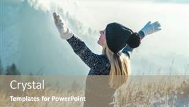  Presentation with blue mountain - PPT theme enhanced with happy-female-traveler-resting background and a coral colored foreground