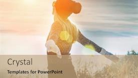  Presentation with blue mountain - Presentation theme enhanced with happy-female-traveler-resting background and a coral colored foreground