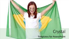  Presentation with brazil - PPT theme featuring happy female with brazil flags background and a seafoam green colored foreground