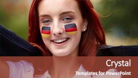  Presentation with german - Audience pleasing PPT theme consisting of happy female with german flags backdrop and a tawny brown colored foreground