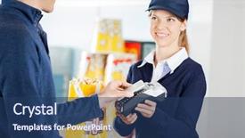  Presentation with nfc technology - Presentation enhanced with happy female worker accepting payment background and a ocean colored foreground